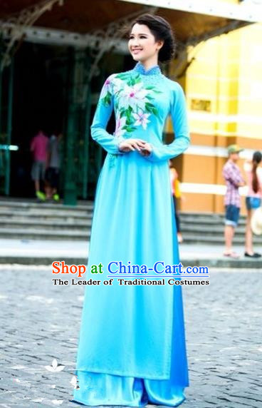 Traditional Top Grade Asian Vietnamese Costumes Classical Printing Wedding Full Dress, Vietnam National Ao Dai Dress Blue Bride Qipao for Women
