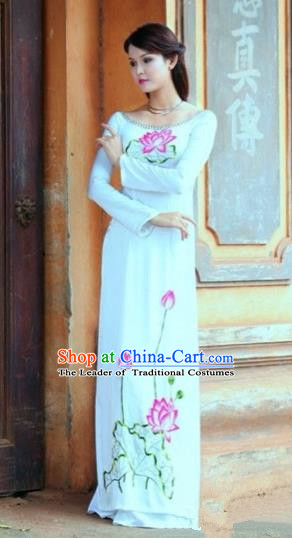 Traditional Top Grade Asian Vietnamese Costumes Classical Hand Printing Lotus Flowers Dowager Full Dress, Vietnam National Ao Dai Dress Bride White Chiffon Qipao for Women