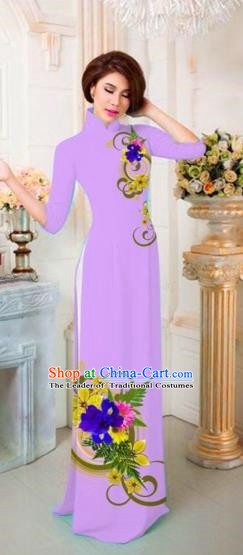 Traditional Top Grade Asian Vietnamese Costumes Classical Printing Flowers Full Dress, Vietnam National Ao Dai Dress Catwalks Princess Purple Qipao for Women