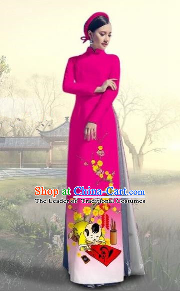 Traditional Top Grade Asian Vietnamese Costumes Classical Printing New Year Full Dress, Vietnam National Ao Dai Dress Catwalks Rosy Qipao for Women