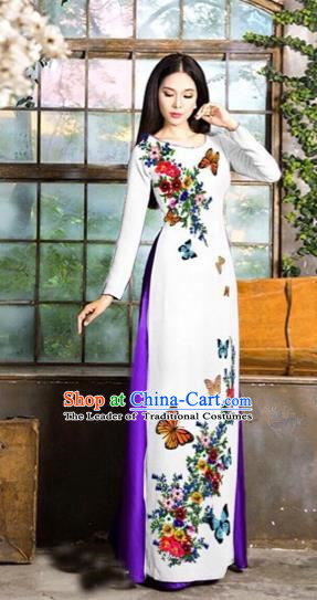 Traditional Top Grade Asian Vietnamese Costumes Classical Love of Butterfly Full Dress, Vietnam National Ao Dai Dress White Qipao for Women