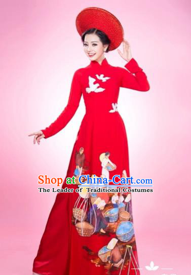 Traditional Top Grade Asian Vietnamese Costumes Classical Printing Full Dress and Loose Pants, Vietnam National Ao Dai Dress Red Qipao for Women
