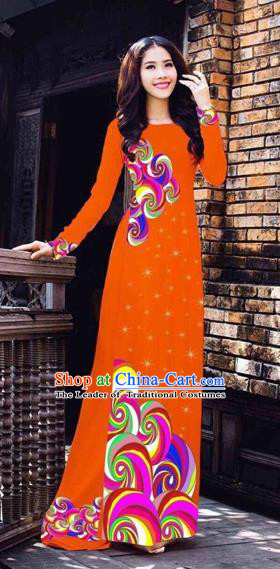 Traditional Top Grade Asian Vietnamese Costumes Classical Printing Full Dress, Vietnam National Ao Dai Dress Catwalks Orange Qipao for Women