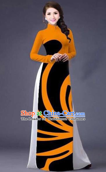 Traditional Top Grade Asian Vietnamese Costumes Classical Stripe Printing Full Dress, Vietnam National Ao Dai Dress Catwalks Orange Qipao for Women