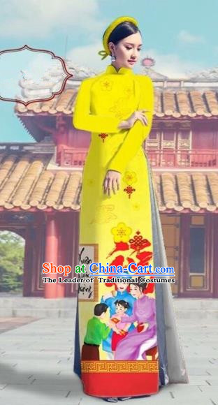 Traditional Top Grade Asian Vietnamese Costumes Classical Printing Yellow Full Dress, Vietnam National Ao Dai Dress Catwalks Debutante Black Happy New Year Qipao for Women