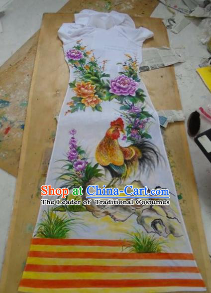 Traditional Top Grade Asian Vietnamese Costumes Classical Printing Flowers Full Dress, Vietnam National Ao Dai Dress Catwalks Debutante White Qipao for Women