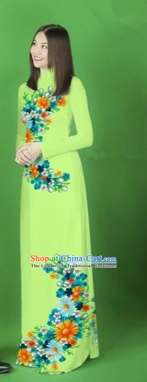 Traditional Top Grade Asian Vietnamese Costumes Classical Printing Flower Full Dress, Vietnam National Ao Dai Dress Light Green Cheongsam for Women
