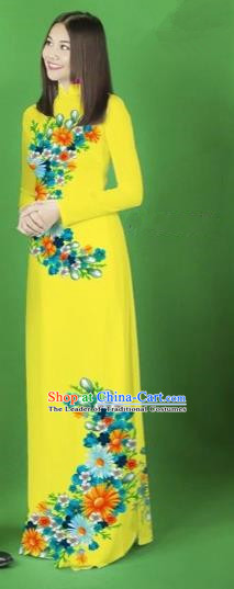 Traditional Top Grade Asian Vietnamese Costumes Classical Printing Flower Full Dress, Vietnam National Ao Dai Dress Yellow Cheongsam for Women