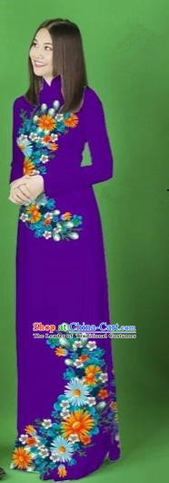 Traditional Top Grade Asian Vietnamese Costumes Classical Printing Flower Full Dress, Vietnam National Ao Dai Dress Purple Cheongsam for Women