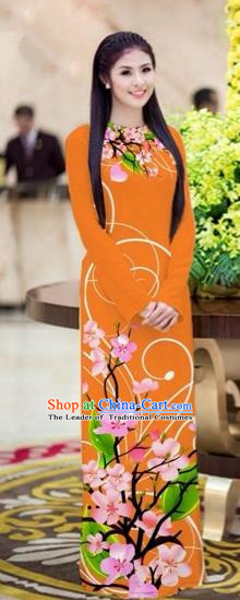 Traditional Top Grade Asian Vietnamese Costumes Classical Printing Peach Blossom Princess Full Dress, Vietnam National Ao Dai Dress Orange Cheongsam for Women