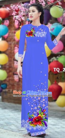 Traditional Top Grade Asian Vietnamese Costumes Classical 3D Printing Bride Full Dress, Vietnam National Ao Dai Dress Blue Cheongsam for Women