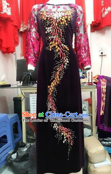 Traditional Top Grade Asian Vietnamese Costumes Classical Embroidery Pleuche Full Dress, Vietnam National Ao Dai Dress Catwalks Debutante Wine Red Lace Qipao for Women