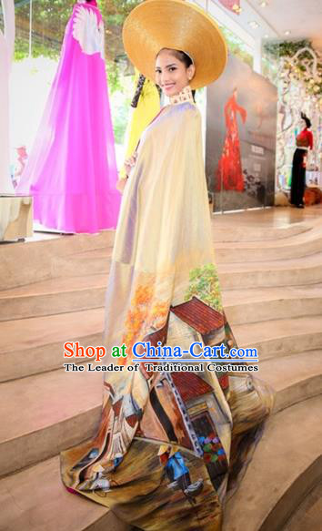 Traditional Top Grade Asian Vietnamese Costumes Classical Wedding Bride Full Dress with Cloak, Vietnam National Ao Dai Dress Catwalks Debutante Qipao for Women