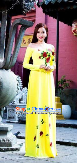 Traditional Top Grade Asian Vietnamese Costumes Classical Printing Flowers Full Dress, Vietnam National Ao Dai Dress Yellow Qipao Dance Clothing for Women