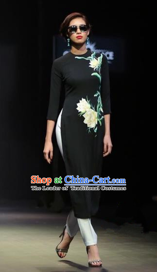 Traditional Top Grade Asian Vietnamese Costumes Classical Printing Lotus Full Dress, Vietnam National Ao Dai Dress Black Short Qipao for Women