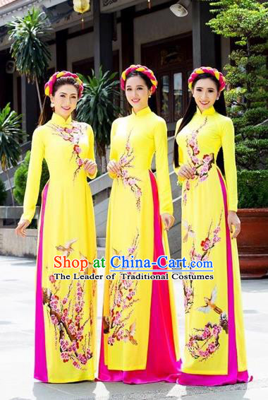 Traditional Top Grade Asian Vietnamese Costumes Classical Bride Toast Full Dress, Vietnam National Ao Dai Dress Hand Painting Plum Blossom Cheongsam for Women