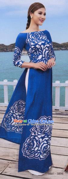 Traditional Top Grade Asian Vietnamese Costumes Classical Princess Painting Full Dress, Vietnam National Ao Dai Dress Blue Cheongsam for Women