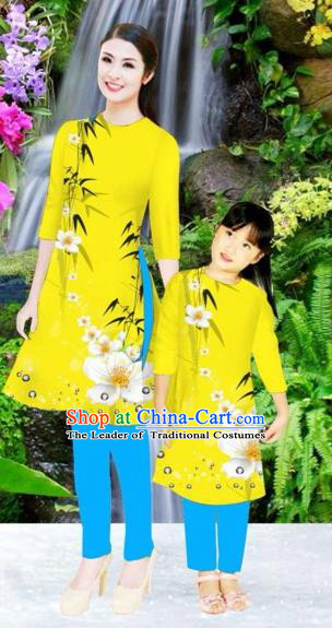 Traditional Top Grade Asian Vietnamese Costumes Classical Printing Flowers Yellow Full Dress, Vietnam National Ao Dai Dress Mother-daughter Cheongsam for Women for Kids