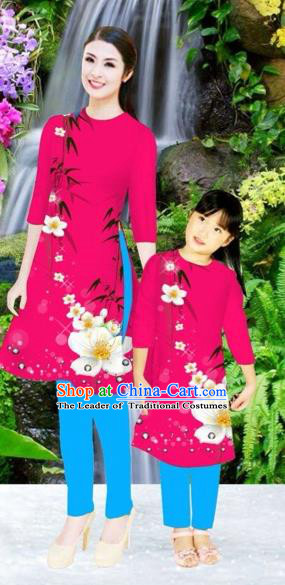 Traditional Top Grade Asian Vietnamese Costumes Classical Printing Flowers Rosy Full Dress, Vietnam National Ao Dai Dress Mother-daughter Cheongsam for Women for Kids
