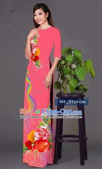 Traditional Top Grade Asian Vietnamese Costumes Classical Princess Printing Cheongsam, Vietnam National Ao Dai Dress Pink Full Dress for Women