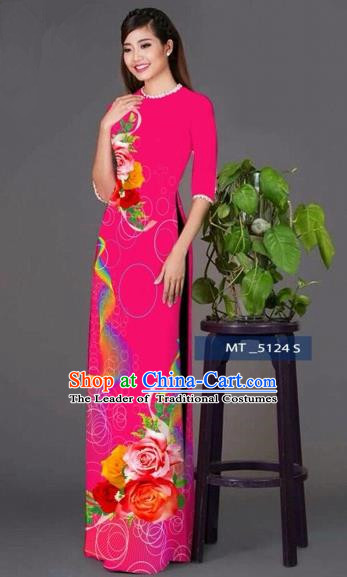 Traditional Top Grade Asian Vietnamese Costumes Classical Princess Printing Cheongsam, Vietnam National Ao Dai Dress Rosy Full Dress for Women
