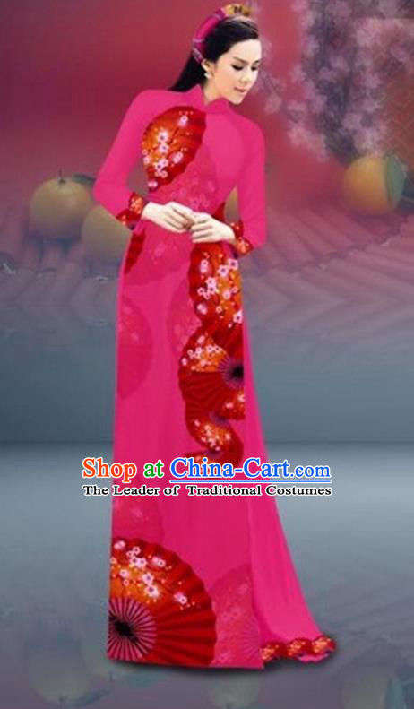 Traditional Top Grade Asian Vietnamese Costumes Classical New Year Printing Cheongsam, Vietnam National Rosy Ao Dai Dress for Women