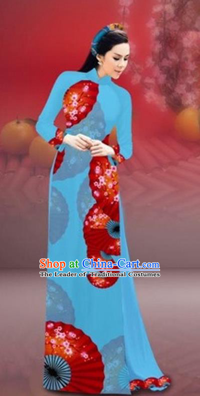 Traditional Top Grade Asian Vietnamese Costumes Classical New Year Printing Cheongsam, Vietnam National Blue Ao Dai Dress for Women