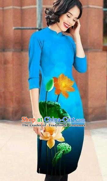 Traditional Top Grade Asian Vietnamese Costumes Classical Printing Lotus Cheongsam, Vietnam National Blue Short Ao Dai Dress for Women