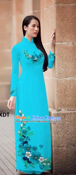 Traditional Top Grade Asian Vietnamese Costumes Classical Princess Printing Flowers Cheongsam, Vietnam National Ao Dai Dress Lake Blue Full Dress for Women