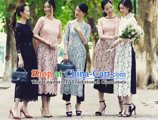 Traditional Top Grade Asian Vietnamese Costumes Classical Wedding Bride Lace Cheongsam, Vietnam National Ao Dai Dress for Women