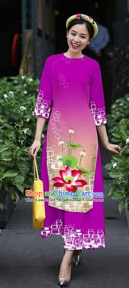 Traditional Top Grade Asian Vietnamese Costumes Classical Catwalks Printing Lotus Cheongsam, Vietnam National Amaranth Ao Dai Dress for Women