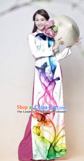 Traditional Top Grade Asian Vietnamese Costumes Classical Catwalks Printing Cheongsam, Vietnam National Princess White Ao Dai Dress for Women