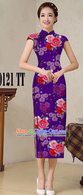 Traditional Top Grade Chinese Costumes Classical Catwalks Printing Princess Cheongsam, China National Purple Chi-pao Dress for Women
