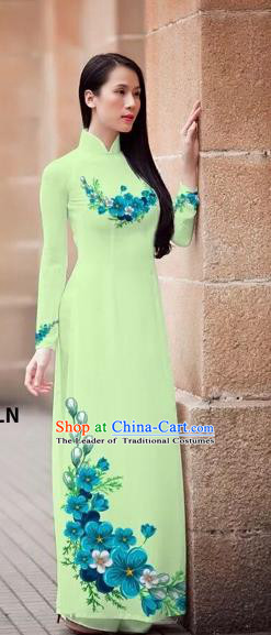 Traditional Top Grade Asian Vietnamese Costumes Classical Princess Printing Flowers Cheongsam, Vietnam National Ao Dai Dress Light Green Full Dress for Women
