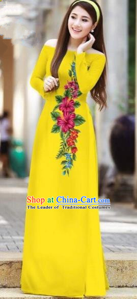 Traditional Top Grade Asian Vietnamese Costumes Classical Printing Cheongsam, Vietnam National Ao Dai Dress Beauty Contest Yellow Full Dress for Women