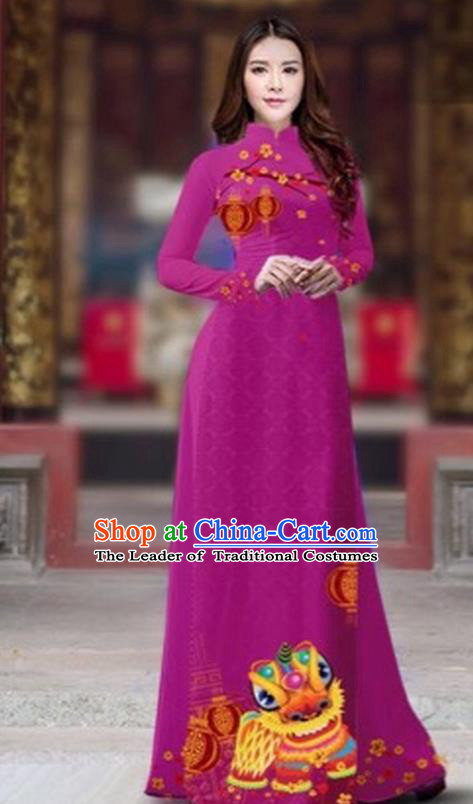 Traditional Top Grade Asian Vietnamese Costumes Classical Printing New Year Cheongsam, Vietnam National Ao Dai Dress Princess Purple Full Dress for Women