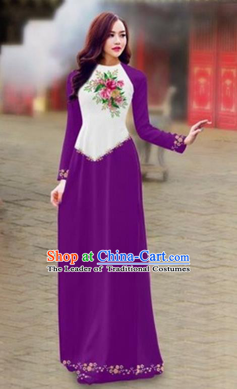 Traditional Top Grade Asian Vietnamese Costumes Classical Color Matching Cheongsam, Vietnam National Ao Dai Dress Printing Purple Full Dress for Women