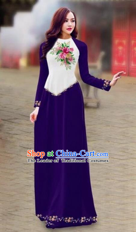 Traditional Top Grade Asian Vietnamese Costumes Classical Color Matching Cheongsam, Vietnam National Ao Dai Dress Printing Purple Full Dress for Women