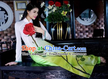 Traditional Top Grade Asian Vietnamese Costumes Classical Printing Rose Cheongsam, Vietnam National Ao Dai Dress Full Dress for Women