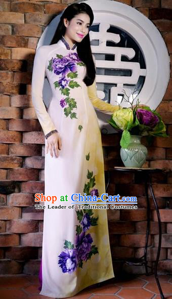 Traditional Top Grade Asian Vietnamese Costumes Classical Printing Peony Cheongsam, Vietnam National Ao Dai Dress Full Dress for Women