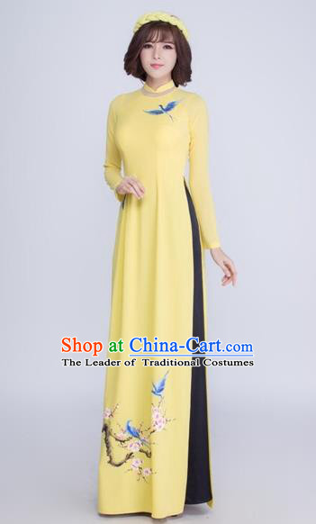 Traditional Top Grade Asian Vietnamese Costumes Classical Printing Crane Cheongsam, Vietnam National Ao Dai Dress Yellow Full Dress for Women