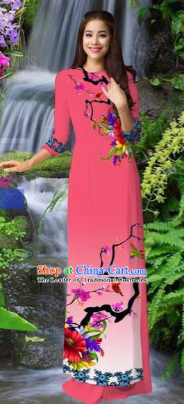 Traditional Top Grade Asian Vietnamese Costumes Classical Pink Cheongsam, Vietnam National Printing Ao Dai Dress for Women