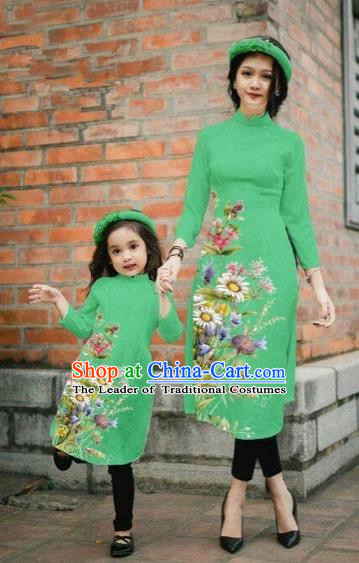 Traditional Top Grade Asian Vietnamese Costumes Classical Printing Daisy Flowers Green Cheongsam, Vietnam National Mother-daughter Ao Dai Dress for Women for Kids
