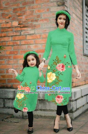 Traditional Top Grade Asian Vietnamese Costumes Classical Printing China Rose Flowers Green Cheongsam, Vietnam National Mother-daughter Ao Dai Dress for Women for Kids
