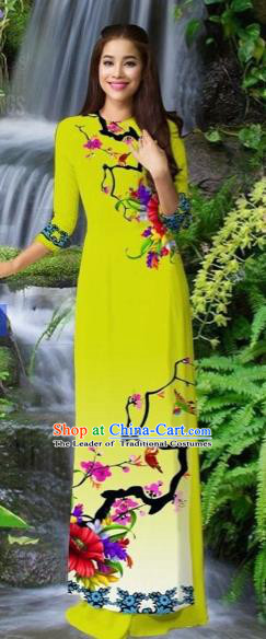 Traditional Top Grade Asian Vietnamese Costumes Classical Green Cheongsam, Vietnam National Printing Ao Dai Dress for Women