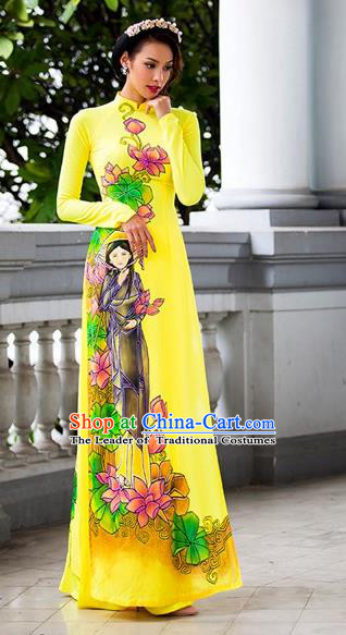 Traditional Top Grade Asian Vietnamese Costumes Classical Princess Hand Painting Yellow Cheongsam, Vietnam National Bride Wedding Ao Dai Dress for Women
