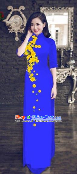 Traditional Top Grade Asian Vietnamese Costumes Classical Princess Printing Cheongsam, Vietnam National Vietnamese Bride Wedding Blue Ao Dai Dress for Women