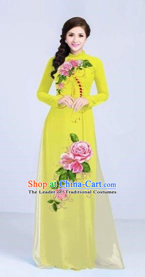 Traditional Top Grade Asian Vietnamese Costumes Classical Printing Flowers Cheongsam Dance Clothing, Vietnam National Vietnamese Bride Yellow Ao Dai Dress for Women