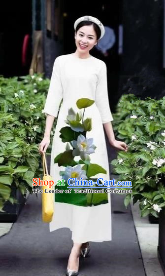 Traditional Top Grade Asian Vietnamese Costumes Classical 3D Printing Lotus Flowers Cheongsam Dance Clothing, Vietnam National Vietnamese White Ao Dai Dress for Women