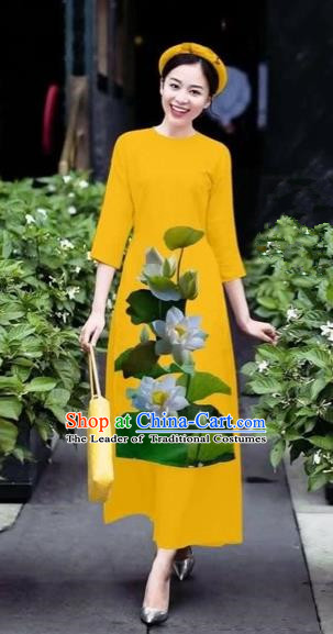 Traditional Top Grade Asian Vietnamese Costumes Classical 3D Printing Lotus Flowers Cheongsam Dance Clothing, Vietnam National Vietnamese Orange Ao Dai Dress for Women